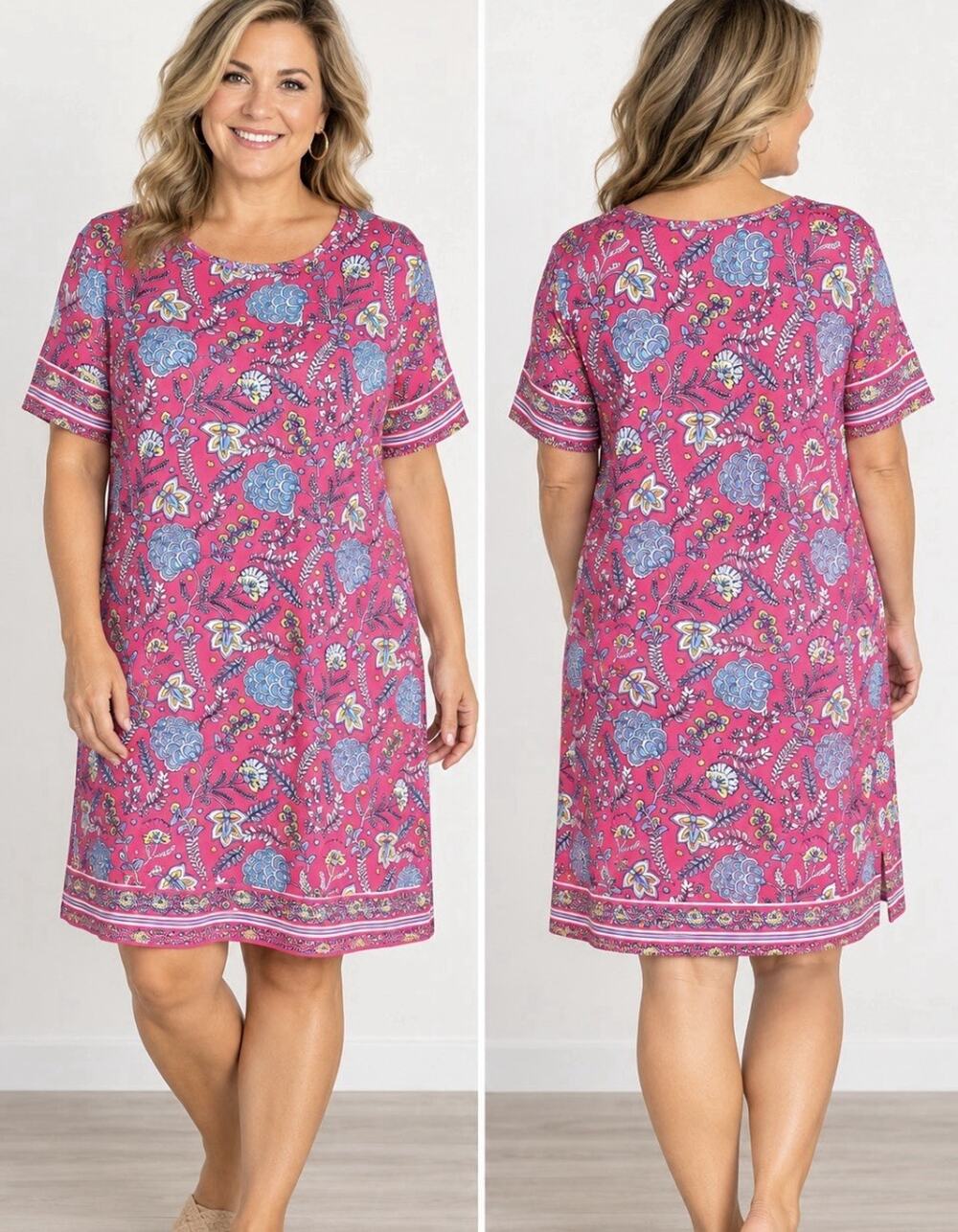 Womens Dress XXL Pink Cotton Knee Length Floral Dress Kim Rogers